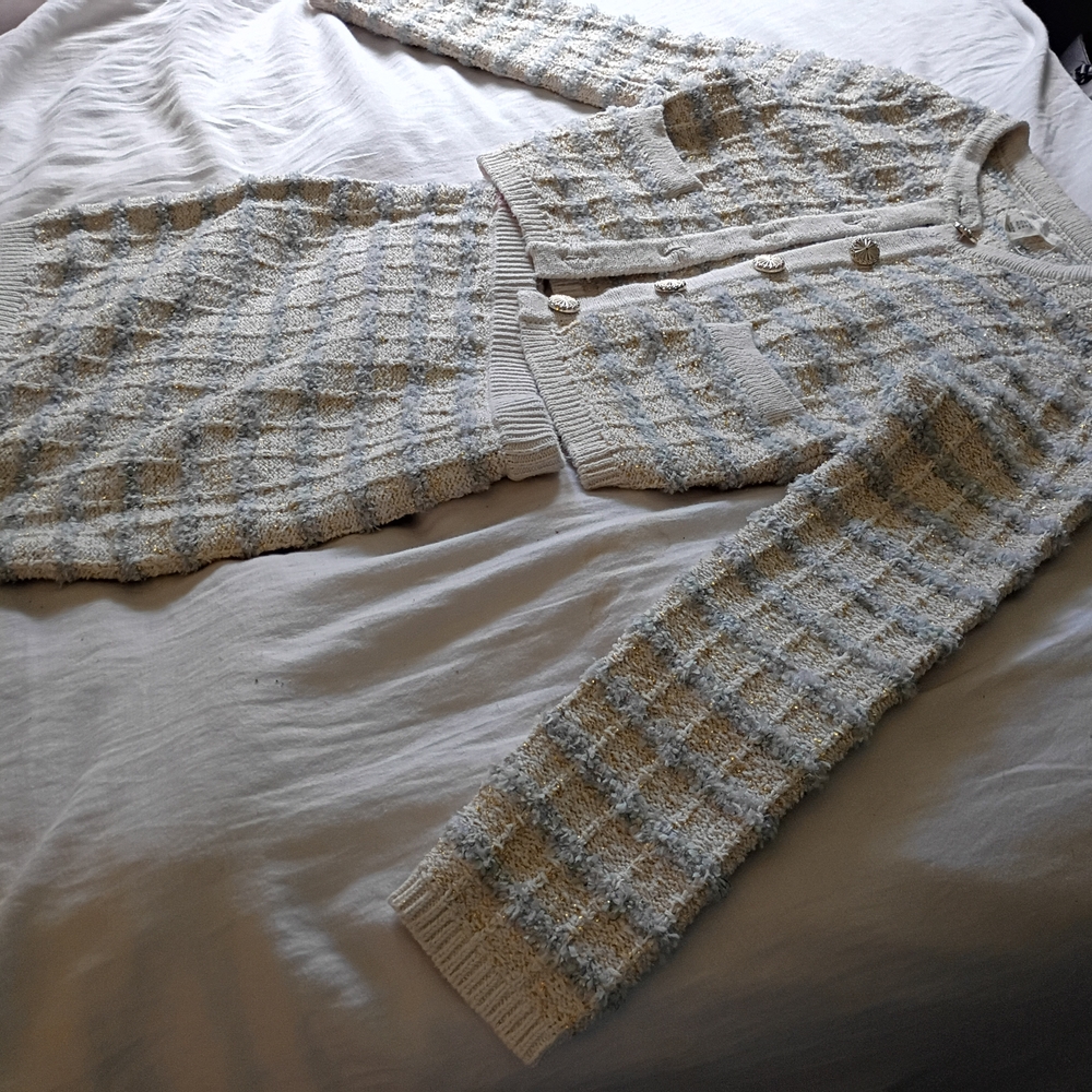 Chic Textured Cardigan and Skirt Set